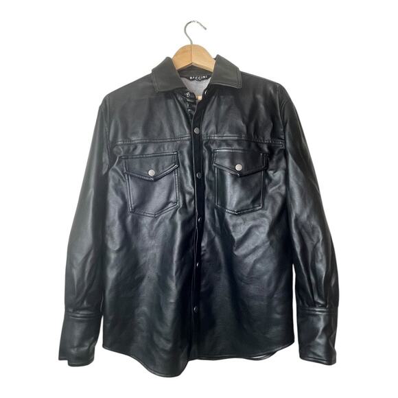 Baccini Womens Vegan Faux Leather Snap Down Shirt Shacket Size Small Black Goth - Picture 2 of 7